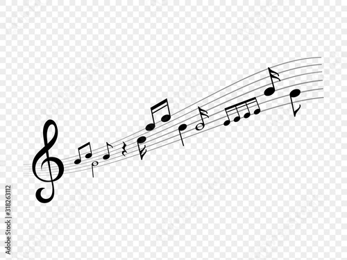 Music notes wave. Abstract living song. Musical note and treble clef signs on score line waves. Vector isolated composition on transparent background