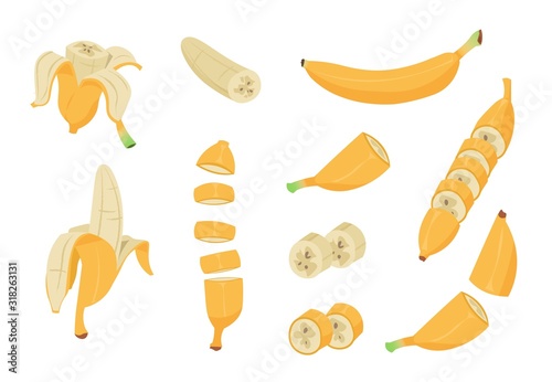 Cartoon banana. Healthy tropical fruit, banana peel, single and peeled design clip art elements. Vector collection images single vegan nutrition isolated set