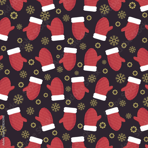 Christmas pattern with mittens and snowflakes. Christmas mittens pattern. Winter background