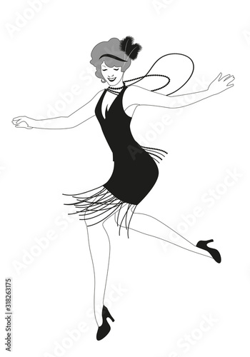 Funny flapper girl wearing vintage style clothes dancing charleston isolated on white background