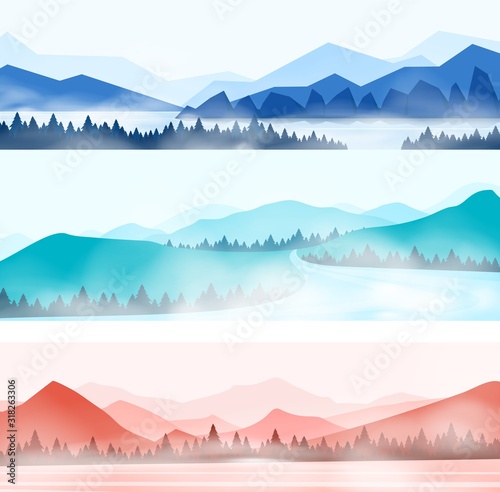 Mountains landscape. Silhouette panorama of foggy forest and snowy mountain peaks, nature outdoor panorama. Vector illustration beauty abstract silhouette wood and mountains
