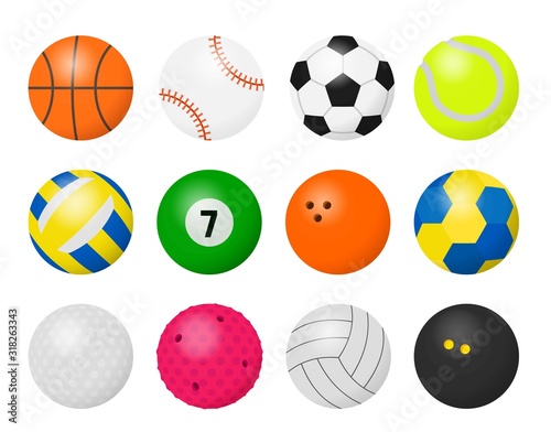 Sport balls. Cartoon equipment for playing sport games  football basketball baseball volleyball and rugby game balls. Vector illustration different equipment for game set