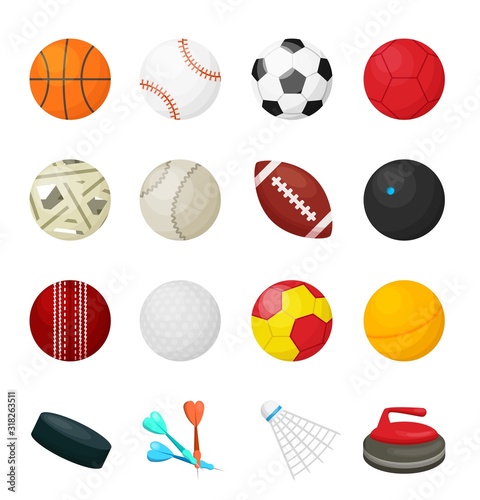 Game balls. Flat sport equipment for soccer football basketball hockey baseball games and different. Vector set of sport leather balls isolated on white background