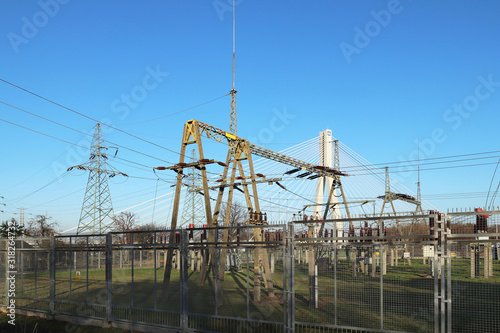 High voltage power transformer substation. Electrical station