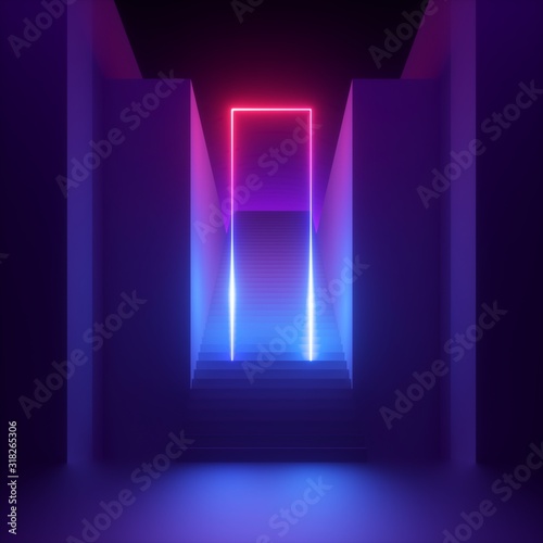 3d render, abstract modern minimal ultraviolet background, red blue neon light glowing rectangular frame. Empty staircase perspective, architectural portal entrance. Futuristic urban concept