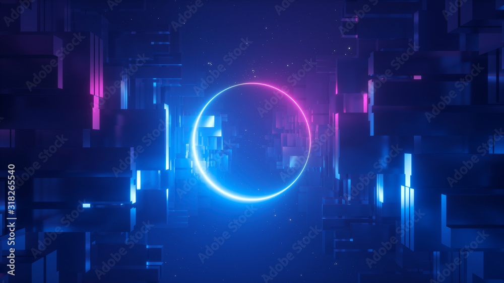 3d render, abstract futuristic background, neon light, glowing ring, circle, blank round frame, copy space, cosmos.