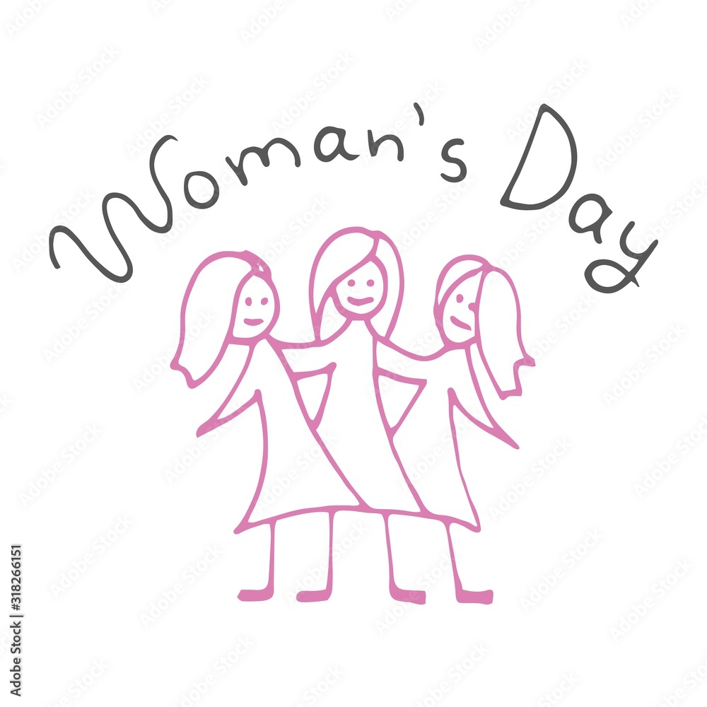 Minimalistic woman’s Day text design with pink girls on white background. Vector illustration. Woman’s Day greeting calligraphy design. Template for a poster, cards, banner. Isolated lettering Minimalistic woman’s Day text design with pink girls on white background. Vector illustration. Woman’s Day greeting calligraphy design. Template for a poster, cards, banner. Isolated lettering