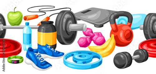 Seamless pattern with fitness equipment.