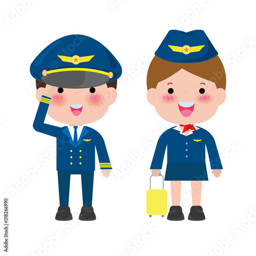 pilot and stewardess. officers and flight attendants Stewardesses  isolated on white background, pilot and air hostess Vector Illustration.