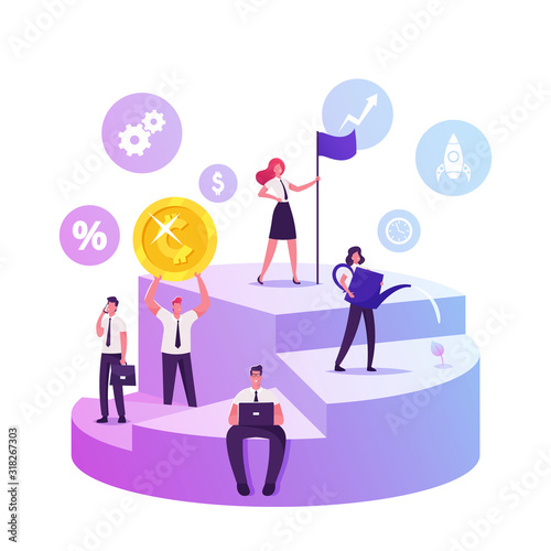 Businessmen and Businesswomen Stand at Huge Pie Chart Diagram Showing Shares of Partners Controlling Interest, Blocking Stake and Parts of Minority Shareholders. Cartoon Flat Vector Illustration