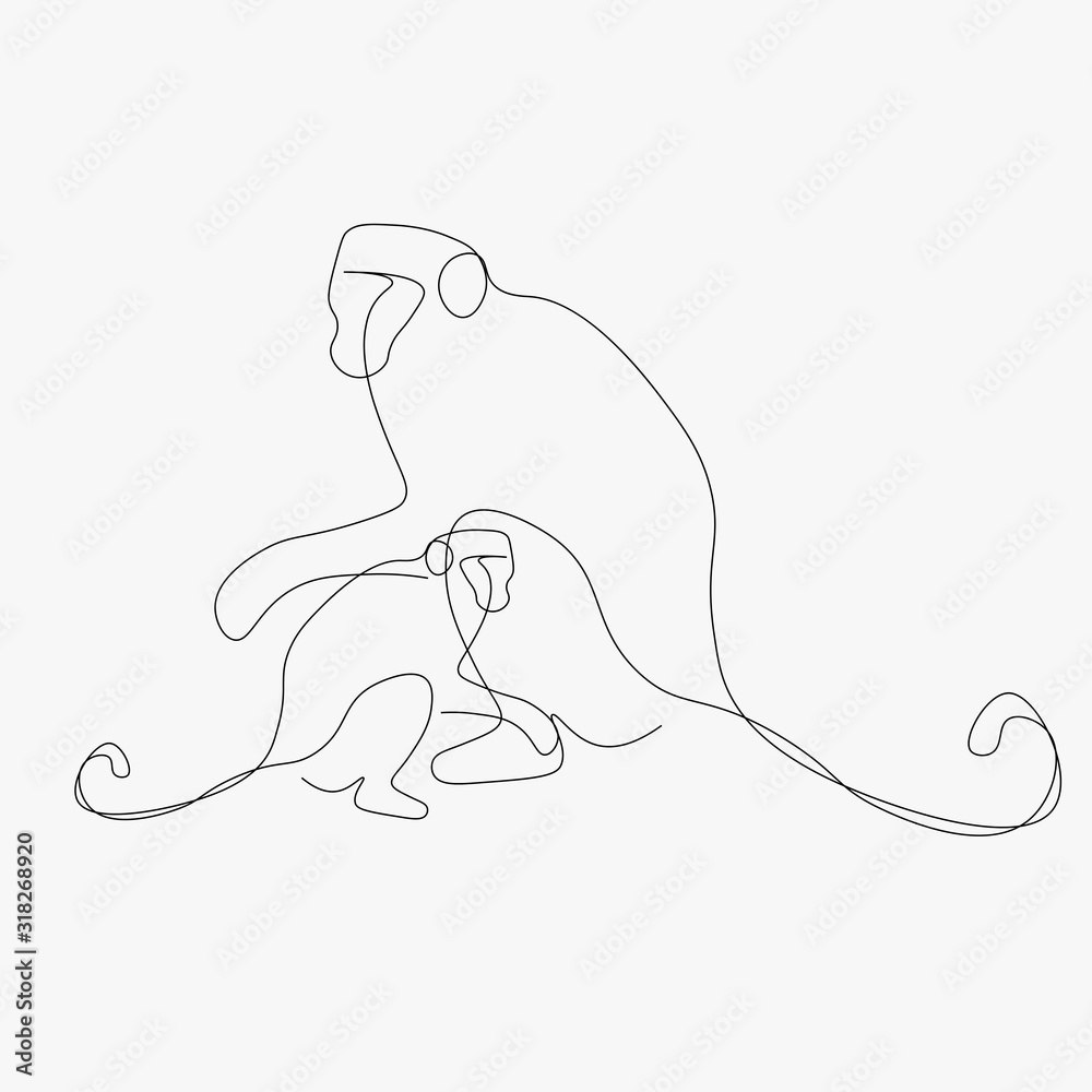 Obraz premium Monkeys family line drawing vector illustration