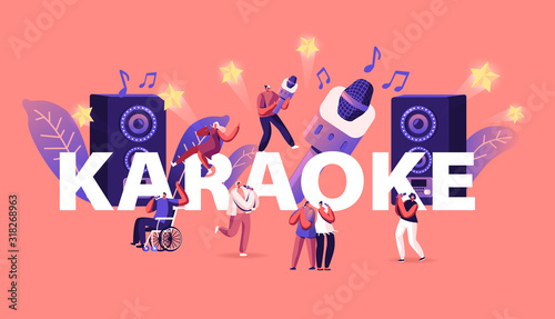 Happy Friends Having Fun Singing at Karaoke Bar Concept. Tiny People near Huge Dynamics and Microphone Having Party Event Celebration Poster Banner Flyer Brochure. Cartoon Flat Vector Illustration