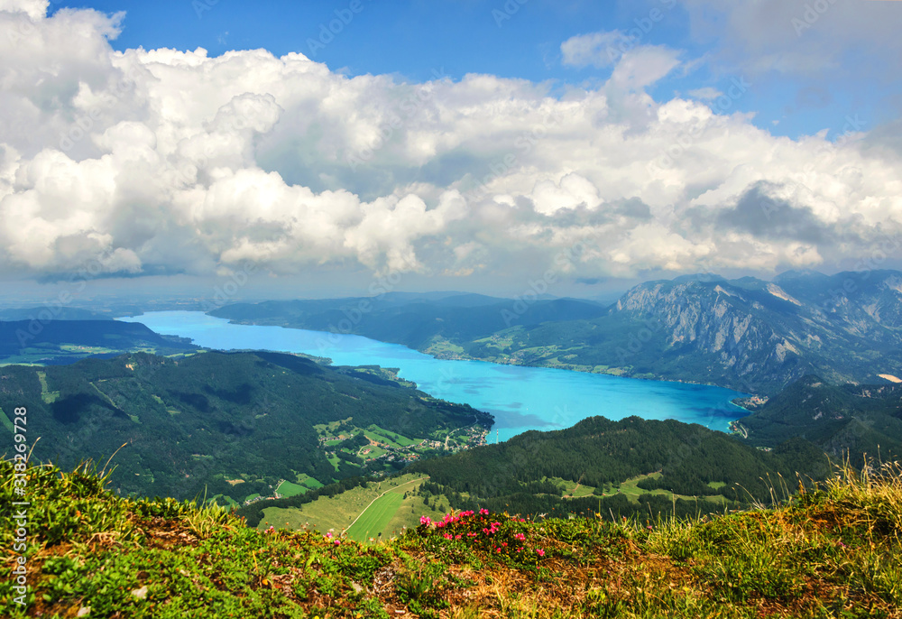 Panoramic view from Schafberg monutain to lake Attersee, Austrian Alps, next to Sankt Wolfgang im Salzkammergut Panoramic view from Schafberg monutain to lake Attersee, Austrian Alps, next to Sankt Wolfgang im Salzkammergut