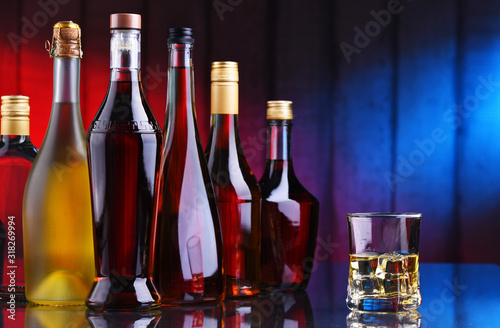 Bottles of assorted alcoholic beverages.