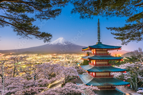 Fujiyoshida, Japan with Mt. Fuji and Chureito Pagoda photo