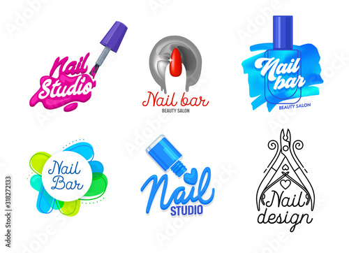 Big Set of Nail Art Studio Icons or Logo Design. Finger, Brush with Pink Polish Splash and Typography. Female Manicure and Pedicure Salon Poster Banner Flyer Brochure. Cartoon Flat Vector Illustration