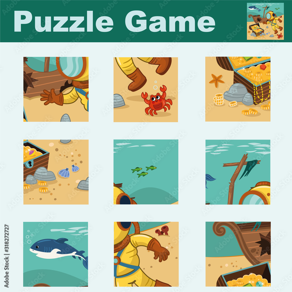 Puzzle for kids featuring a diver and pirate chest.  Match pieces and complete the picture. Activity for children. Vector illustration.