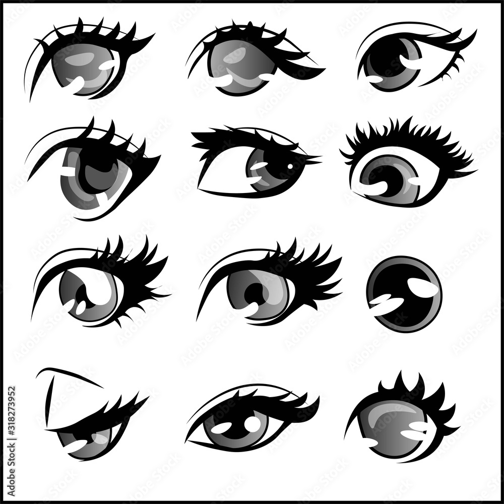 Different styles and shapes of anime eyes, element pack. Set of twelve  ocular drawings. Stock Vector | Adobe Stock