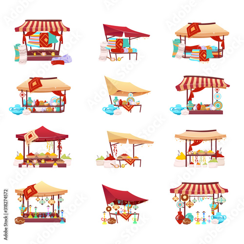 Bazaar trade tents cartoon vector illustrations set. Middle east marketplace flat color objects. Retail canopy with souvenirs, handmade pottery, hookah and crafted carpets isolated on white background