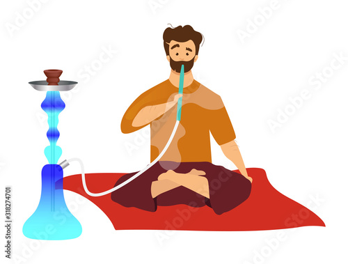 Man sitting and smoking hookah flat color vector faceless character. Tourist with egyptian sheesha, hooka. Eastern traditional habit, arabian smoking culture isolated cartoon illustration on white