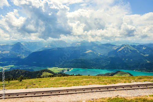 Panoramic view from Schafberg monutain to Wolfgangsee, Austrian Alps, next to Sankt Wolfgang im Salzkammergut