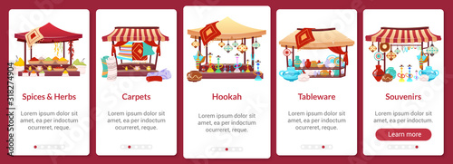 Bazaar onboarding mobile app screen flat vector template. Asian street market. Oriental fair. Walkthrough website steps with isolated characters on white. UX, UI, GUI smartphone cartoon interface