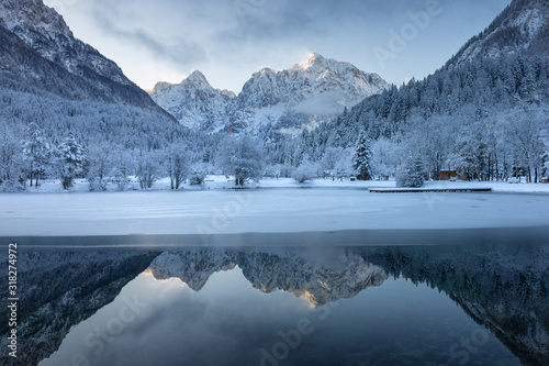 Lake Jasna in Winter near Kranjska Gora  Slovenia. Snow on Landscape.