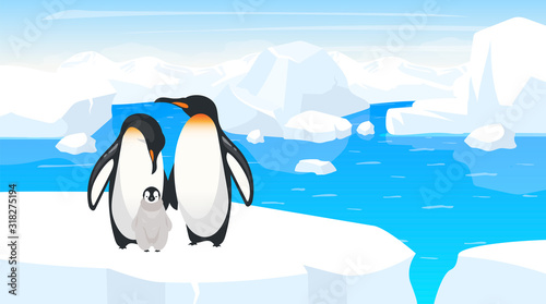 South pole wildlife flat vector illustration. Emperor penguins family on cracked iceberg. Adult birds with chick on winter landscape. Antarctica wilderness. Animal cartoon characters