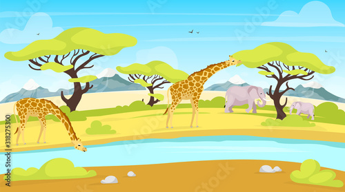 African conservation flat vector illustration. Giraffes and elephants near watering place. River streaming through savannah. Green landscape. Panoramic scenery. South animals cartoon characters