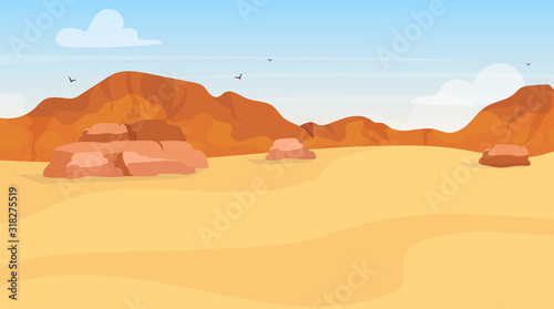Dunes flat vector illustration. Sand desert exploration. Panoramic egyptian landscape. Arabic wilderness. African land. Draught environment. Plato view. Mountain hills. Wasteland cartoon background