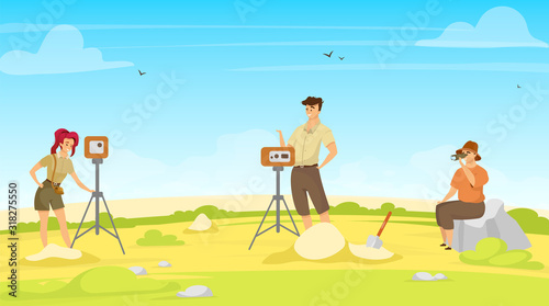 Field survey flat vector illustration. Study group, exploration team. On site research with equipment. Woman and man professionals, geodesy exception. Soil examination. Scientists cartoon characters