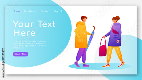 People in raincoats landing page flat color vector template. Walking caucasian humans homepage layout. Rainy day one page website interface with cartoon characters. Wet weather web banner, webpage