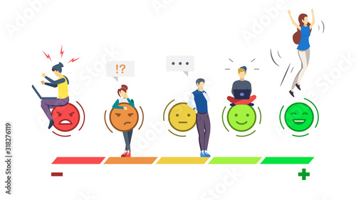 Mood rating scale semi flat RGB color vector illustration. Emotions. User experience. Customer satisfaction. Consumer feedback. Client review. Quality evaluation. Isolated cartoon character on white