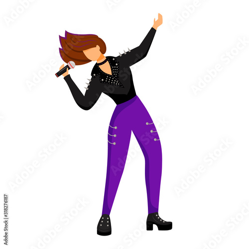 Female singer flat color vector illustration. Lead vocalist. Frontwoman. Musician. Music band member. Rock and roll. Woman with microphone. Concert, gig. Isolated cartoon character on white background