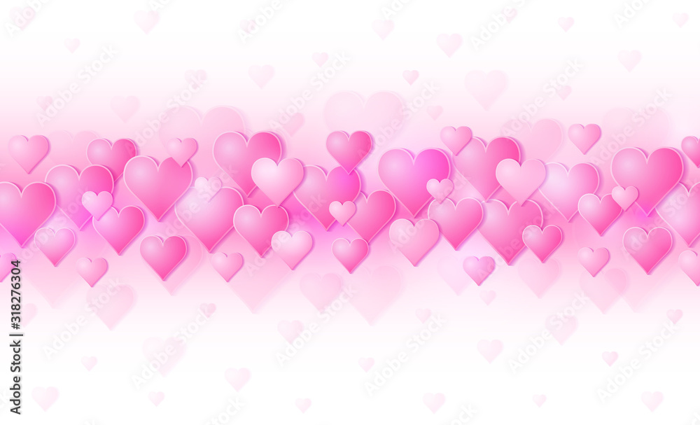 Pink banner with valentines hearts. Valentines greeting background. Horizontal holiday background, headers, posters, cards, website. Vector illustration