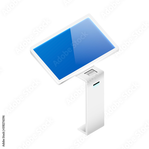 Digital signage software isometric vector illustration. Sensor information kiosk flat color object. Self service board with interactive display isolated on white background. Modern technology