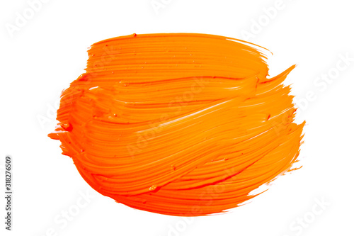 Fototapeta Orange yellow brush stroke isolated on white background. Orange abstract stroke. Colorful watercolor brush stroke.
