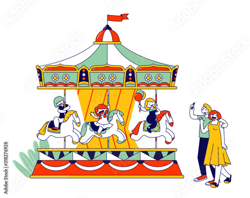 Children Riding Merry-go-Round Entertainment Carousel in Recreation Park. Parents Making Photo Pictures. Kids Playing in Amusement Kids Zone. Place for Games Cartoon Flat Vector Illustration, Line Art