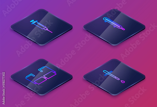 Set Isometric line Syringe, Glasses, Meteorology thermometer measuring and Pipette. Blue square button. Vector