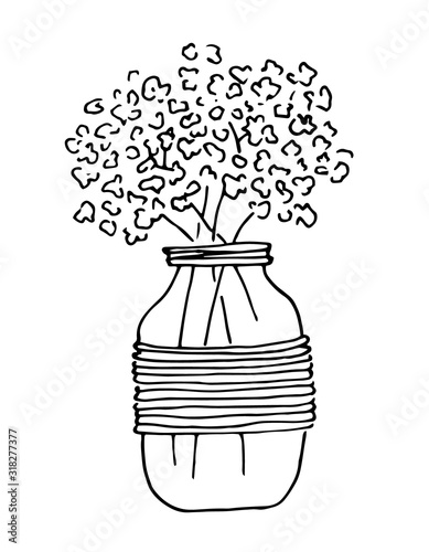 Bouquet flowers in glass jar, black lines art, isolated on white background. Illustration for invitation, greeting cards, wedding decor.