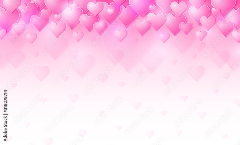 Pink banner with valentines hearts. Valentines greeting background. Horizontal holiday background, headers, posters, cards, website. Vector illustration