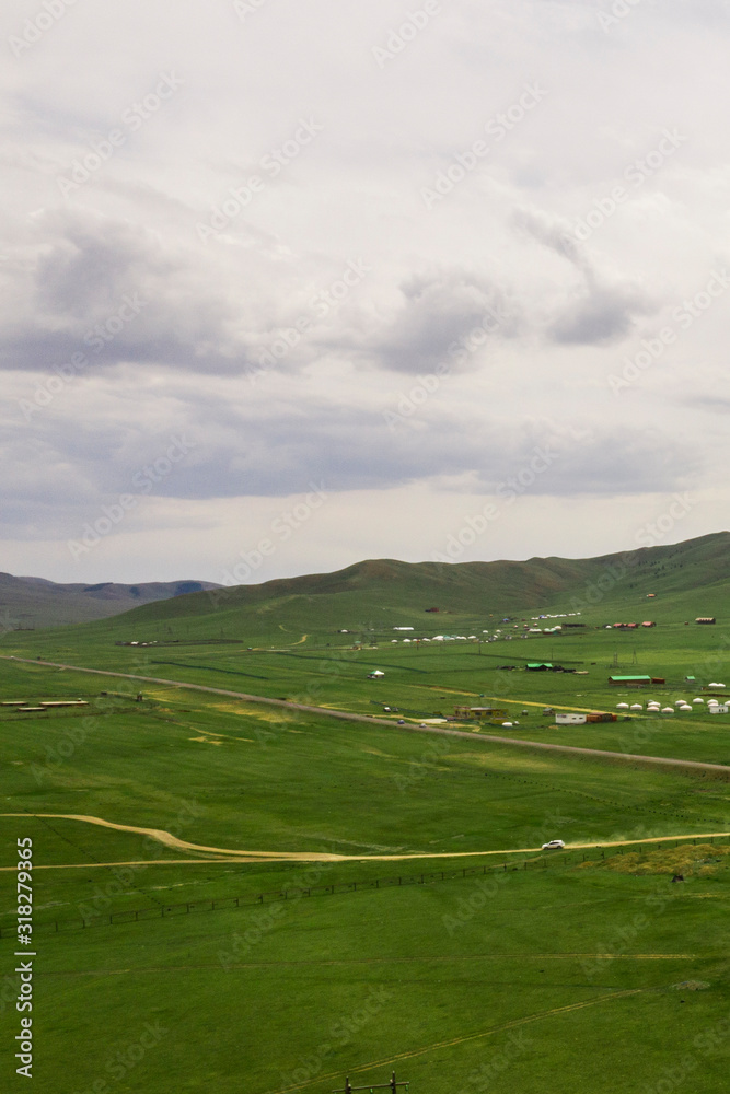 Aerial view of the Mongolian countryside, not far from Ulaanbaatar, the capital of Mongolia, circa June 2019

