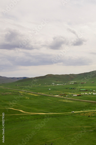 Aerial view of the Mongolian countryside, not far from Ulaanbaatar, the capital of Mongolia, circa June 2019 © Travel Stock