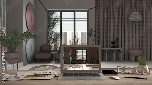 Architect designer desktop concept, laptop on wooden work desk with screen showing interior design project, blueprint draft background, colorful living room with armchairs and window