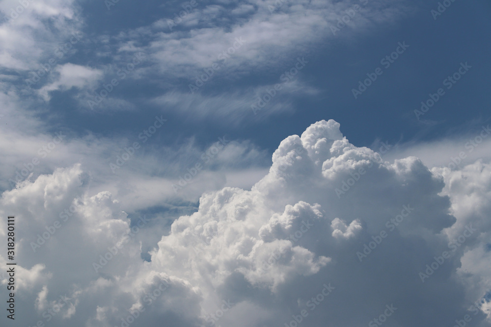 Clear blue sky with cumulus and cirrus clouds. Sunny weather. Joyful mood. High pressure. Clean air ecology. Water in a gaseous state. The source of rain and hail. Weather prediction Clear blue sky with cumulus and cirrus clouds. Sunny weather. Joyful mood. High pressure. Clean air ecology. Water in a gaseous state. The source of rain and hail. Weather prediction