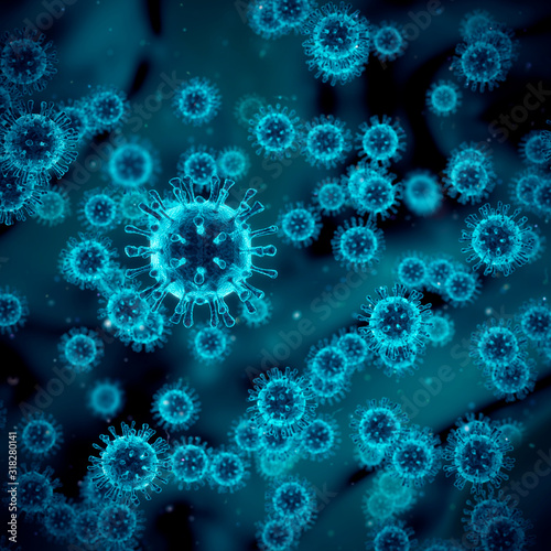 Coronavirus cells concept / 3D illustration of 2019 Novel coronaviruses showing club-shaped spikes projecting from virus cell membrane © grandeduc