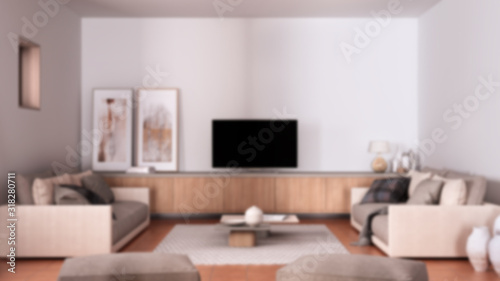 Blur background interior design, cosy living room with sofa, blanket and pillows, lounge, carpet, coffee table, pouf and decors, tv cabinet, television, contemporary architecture © ArchiVIZ