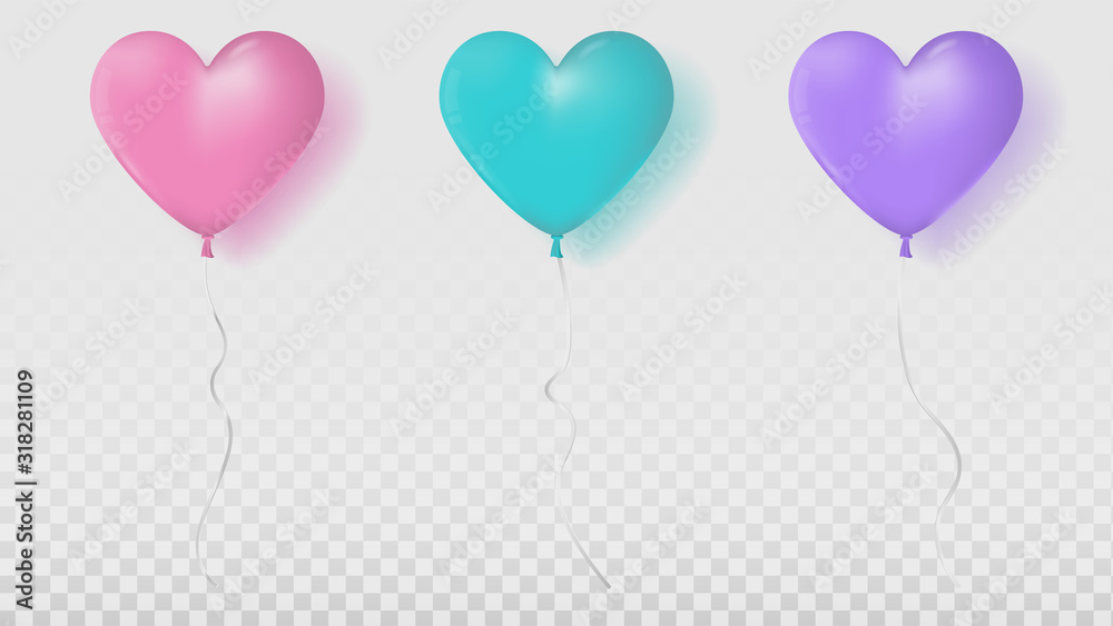 Set of glossy heart shaped balloons in pink, blue and purple colors with ribbon on transparent background. Element for wedding party, card invitation. Premium Editable Vector EPS 10.