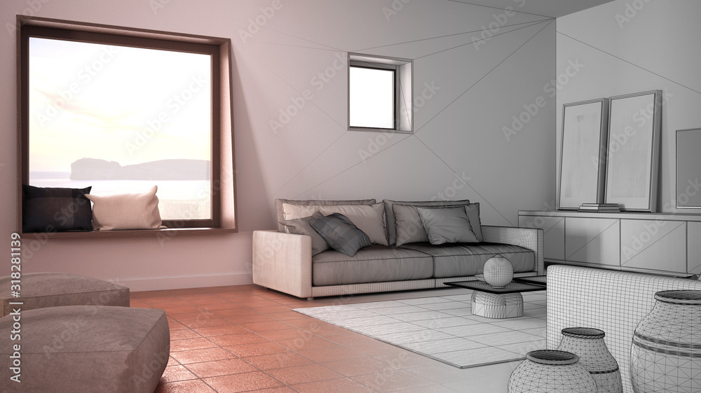 Architect interior designer concept: unfinished project that becomes real, cosy living room with sofa and pillows, lounge, carpet, coffee table, pouf and decors, contemporary design Architect interior designer concept: unfinished project that becomes real, cosy living room with sofa and pillows, lounge, carpet, coffee table, pouf and decors, contemporary design