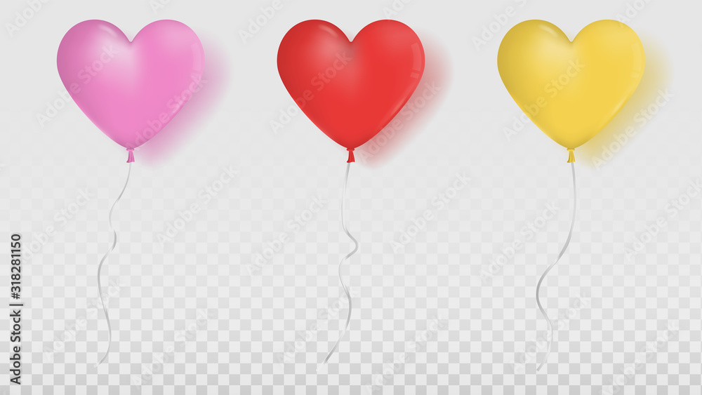 Set of glossy heart shaped balloons in pink, red and yellow colors with ribbon on transparent background. Element for wedding party, card invitation. Premium Editable Vector EPS 10.